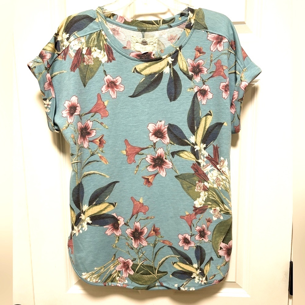Cupio Floral Print Top - Teal and Pink